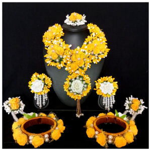 NECKLACE-EARRINGS-MANGTIKKA-HANDCRAFT-RING YELLOW FLORAL HALDI JEWELLERY