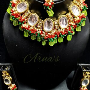 ARNAS PREMIUM MEENAKARI KUNDAN  GREEN AND RED NECKLACE WITH EARRINGS AND MANGTIKA SET