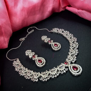 ARNAS SILVER TONED AMERICAN DIAMOND RUBY RED DESIGNER NECKLACE SET