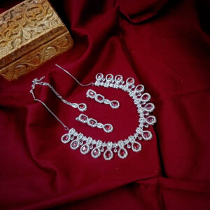 ARNAS SILVER TONED AMERICAN DIAMOND RUBY RED DESIGNER NECKLACE SET