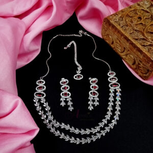 ARNAS SILVER TONED AMERICAN DIAMOND RUBI RED DOUBLE LAYER HEAVY DESIGNER NECKLACE SET
