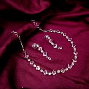 ARNAS SILVER TONED AMERICAN DIAMOND DANGLER-EARRINGS SIMPLE SLICK NECKLACE SET