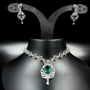 ARNAS SILVER TONED AMERICAN DIAMOND GREEN DANGLER-EARRINGS DESIGNER NECKLACE SET