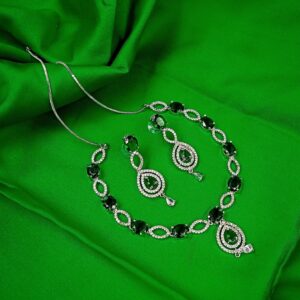 ARNAS SILVER TONED AMERICAN DIAMOND GREEN DESIGNER NECKLACE SET