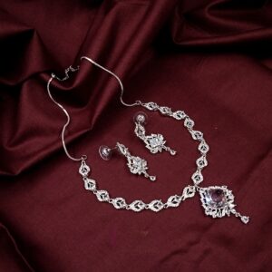 ARNAS SILVER TONED AMERICAN DIAMOND WHITE DANGLER-EARRINGS DESIGNER NECKLACE SET