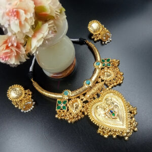 ARNAS BRIGHT GOLD BRASS-PLATED GREEN-PISTA GREEN STONE - JHUMKI JEWELLERY SET