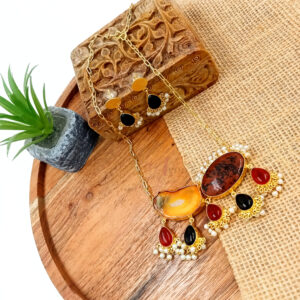 ARNAS MATT GOLDEN BRASS-PLATED SEMI PRECIOUS STONE HEAVY PENDANT– DANGLER EARRINGS SLICK NECKLACE SET