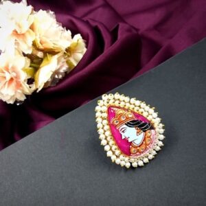 1 PC LORD KRISHNA HAND PAINTED ON SEMI PRECIOUS STONE GAJRA SILVER FINGER RING