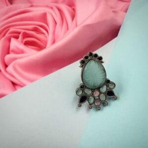 1 PC LIGHT GREEN DARK PINK WHITE HAND PAINTED SILVER FINGER RING