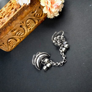 1 PC DOUBLE RING GHUNGROO HALF MOON & FLOWER ADJUSTABLE SILVER FINGER RING