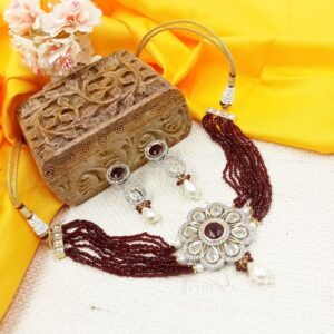 ARNAS MAROON DESIGNER AMERICAN DIAMOND STONE NECKLACE EAR RINGS COMBO