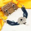 ARNAS PRUSSIAN BLUE DESIGNER AMERICAN DIAMOND STONE NECKLACE EAR RINGS COMBO