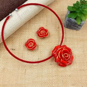 CLAYJEWELLERY001- ARNAS HANDCRAFTED RED HASLI CLAY JEWELLERY SET WITH INTRICATE FLORAL PENDANT & EARRINGS