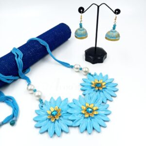 CLAYJEWELLERY003- ARNAS HANDCRAFTED SKY BLUE CLAY JEWELLERY SET WITH FLORAL MOTIF PENDANT & EARRINGS