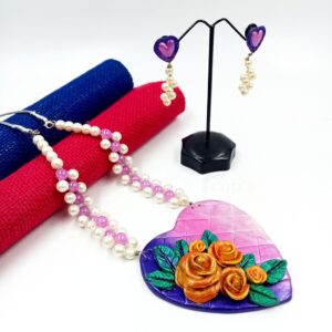 CLAYJEWELLERY004- ARNAS HANDCRAFTED CLAY JEWELLERY SET WITH FLORAL HEART MOTIF PENDANT & EARRINGS