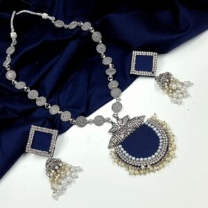 FABRICJ0007- ARNAS COMBO SET OF BLUE FABRIC SEMI ROUND MOTIF PENDANT & SQUARE MOTIF EARRINGS WITH ATTRACTIVE DESIGN