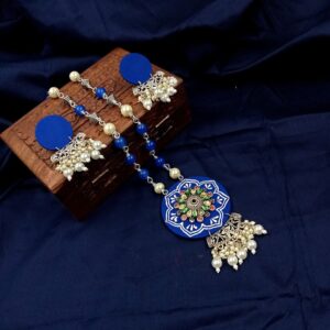 FABRICJ0008- ARNAS COMBO SET OF BLUE FABRIC ROUND MOTIF PENDANT & EARRINGS WITH ATTRACTIVE DESIGN