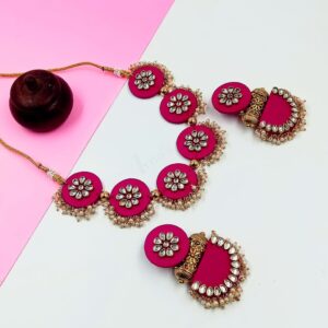 FABRICJ0019- ARNAS HANDMADE PINK FABRIC WITH OXIDIZED TABIZ JEWELLERY SET
