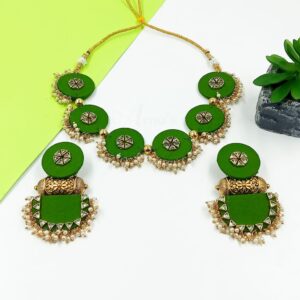 FABRICJ0020- ARNAS HANDMADE PISTA GREEN FABRIC WITH OXIDIZED TABIZ JEWELLERY SET