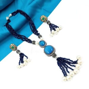 ARNAS PREMIUM QUALITY POLKI KUNDAN WITH BLUE DOUBLET STONE NECKLACE EAR RINGS COMBO