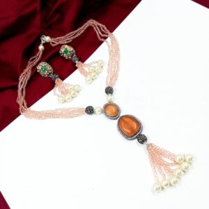 ARNAS PREMIUM QUALITY POLKI KUNDAN WITH PEACH DOUBLET STONE NECKLACE EAR RINGS COMBO