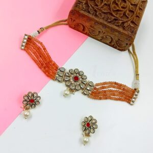 ARNAS PEACH BATI BEADS PREMIUM QUALITY PALKI KUNDAN NECKLACE WITH EARRINGS COMBO