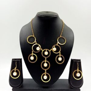 ARNAS MATT GOLD BRASS-PLATED ROUND MOTIF WITH LOOK ALIKE PEARL JEWELLERY SET