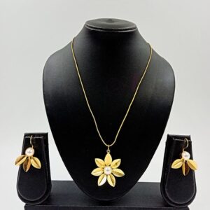 ARNAS MATT GOLD BRASS-PLATED FLORAL MOTIF WITH LOOK ALIKE PEARL JEWELLERY SET