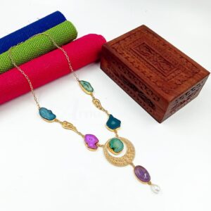 ARNAS MATT GOLD BRASS-PLATED DESIGNER MOTIF WITH AGATE & MOON STONE NECKLACE