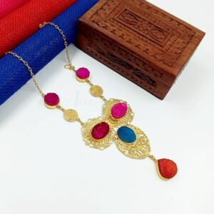 ARNAS MATT GOLD BRASS-PLATED DESIGNER MOTIF WITH SUGAR DRUZY STONE NECKLACE