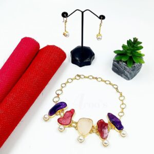 ARNAS MATT GOLD BRASS-PLATED WITH AGATE STONE JEWELLERY SET