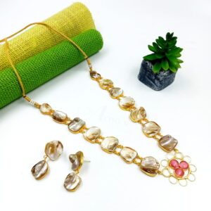 ARNAS MATT GOLD BRASS-PLATED DESIGNER MOTIF WITH MOTHER OF PEARL & MONALISA STONE JEWELLERY SET