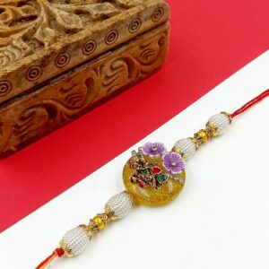 ARNAS 1 PC YELLOW ROUND STONE SHREE RADHA KRISHNA MOTIF GOLDEN DESIGNER RAKHI