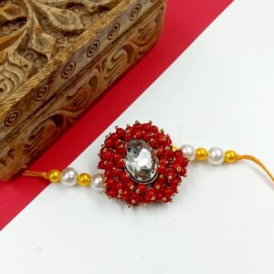 ARNAS 1 PC RED LOREAL BEADS WITH SILVER KUNDAN DESIGNER RAKHI