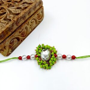 ARNAS 1 PC GREEN LOREAL BEADS WITH SILVER KUNDAN DESIGNER RAKHI