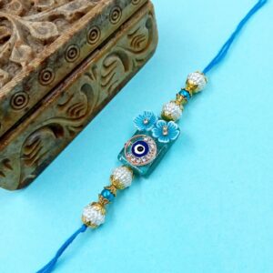 ARNAS 1 PC BLUE RECTANGLE STONE WITH EVIL EYE CHARMS DESIGNER RAKHI