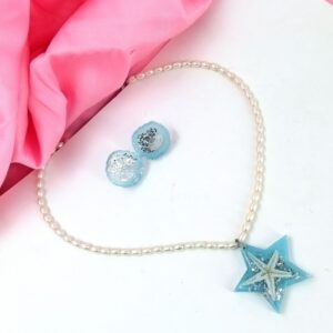 ARNAS SKY BLUE RESIN STAR PENDANT WITH ORIGINAL STARFISH AND LOOK ALIKE OVAL SHAPE PEARL- EARRINGS COMBO SET