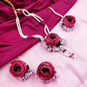 FABRICJ0022- NECKLACE-EARRINGS-MANGTIKKA- PINK PEONY FLORAL HALDI JEWELLERY