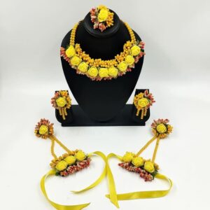 FABRICJ0023- NECKLACE-EARRINGS-MANGTIKKA-HANDCRAFT-RING YELLOW FLORAL HALDI JEWELLERY