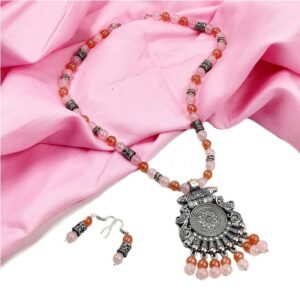 OXINECLASE0006- ARNAS HANDCRAFTED PINK & PEACH BEADS WITH OXIDIZED GERMAN SILVER PENDENT JEWELLERY SET