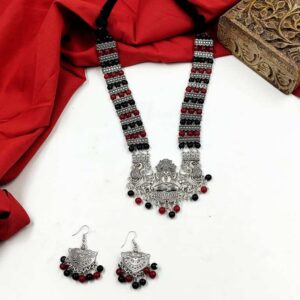OXINECLASE0007- ARNAS HANDCRAFTED RED & BLACK BEADS WITH OXIDIZED GERMAN SILVER PENDENT JEWELLERY SET