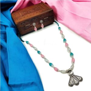 OXINECLASE0011- ARNAS HANDCRAFTED PINK & BLUE BEADS WITH OXIDIZED GERMAN SILVER PENDENT JEWELLERY SET