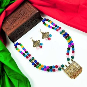 OXINECLASE0012- ARNAS HANDCRAFTED MULTICOLORED BEADS WITH OXIDIZED GERMAN SILVER PENDENT JEWELLERY SET