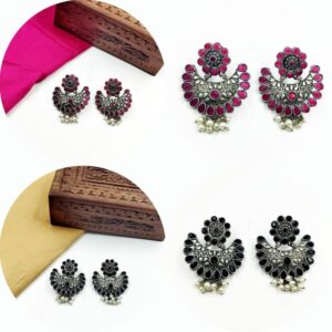 SILVER DESIGNER MOTIVE MONALISA STONE SET EARRINGS