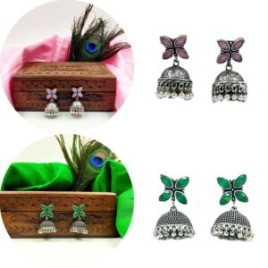 SILVER DESIGNER MOTIVE MONALISA STONE WITH JHUMKA SET EARRINGS