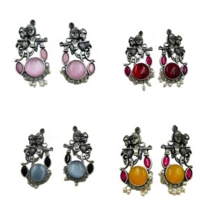 SILVER RADHA KRISHNA MOTIVE MONALISA STONE SET EARRINGS