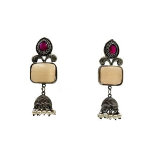 SILVER DESIGNER MOTIVE MONALISA STONE WITH JHUMKA SET EARRINGS