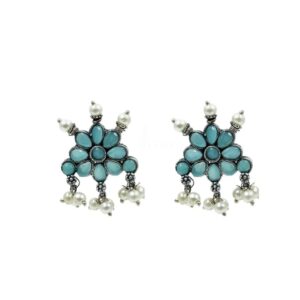 SILVER FLORAL MOTIVE BLUE STONE SET EARRINGS
