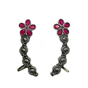 SILVER DESIGNER MOTIVE PINK STONE SET EARRINGS