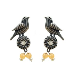SILVER BIRD MOTIVE ORANGE STONE SET EARRINGS
